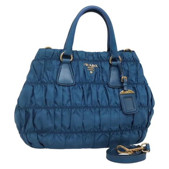 PRADA Gathered Hand Bag Nylon Leather 2way Blue Gold Auth 132848 - Picture 1 of 16